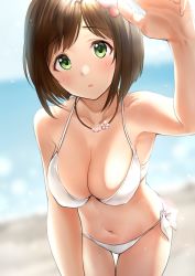 Rule 34 | 10s, 1girl, arm up, bare shoulders, beach, bikini, blurry, blurry background, blush, breasts, brown hair, cleavage, collarbone, commentary request, day, flower, green eyes, hair flower, hair ornament, highres, idolmaster, idolmaster cinderella girls, jewelry, large breasts, looking at viewer, maekawa miku, navel, necklace, parted lips, pearl necklace, short hair, solo, sunlight, swimsuit, takeashiro, white bikini