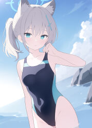 Rule 34 | 1girl, absurdres, animal ear fluff, animal ears, bare arms, bare shoulders, blue archive, blue eyes, blue one-piece swimsuit, blue sky, breasts, cloud, collarbone, commentary request, covered navel, day, extra ears, grey hair, hair between eyes, hair ornament, halo, hand up, highres, jyt, lifting own clothes, looking at viewer, medium breasts, official alternate costume, one-piece swimsuit, outdoors, parted lips, ponytail, shiroko (blue archive), shiroko (swimsuit) (blue archive), sky, solo, strap lift, swimsuit, water, wolf ears