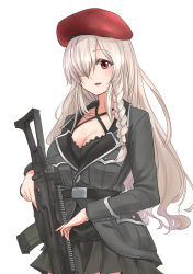 Rule 34 | 1girl, beret, braid, breasts, cleavage, g36c (girls&#039; frontline), girls&#039; frontline, gun, h&amp;k g36c, hair over one eye, hat, highres, holding, holding gun, holding weapon, long hair, macline, red eyes, single braid, solo, weapon, white background, white hair