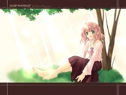 Rule 34 | 1girl, against tree, barefoot, brown hair, feet, green eyes, naruse chisato, non-web source, shade, short hair, sitting, solo, tree