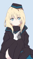 Rule 34 | 1girl, amano kouki, arknights, black hat, black thighhighs, blonde hair, blue background, blue eyes, blush, closed mouth, commentary request, durin (arknights), feet out of frame, hair between eyes, hat, highres, jacket, long sleeves, looking at viewer, miniskirt, shirt, simple background, skirt, solo, thighhighs