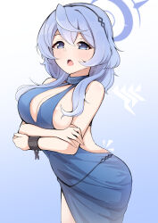 Rule 34 | 1girl, ako (blue archive), ako (dress) (blue archive), assuka takeda, black hairband, blue archive, blue background, blue dress, blue eyes, blue hair, blush, breasts, cleavage, dress, gradient background, hairband, highres, large breasts, looking at viewer, official alternate costume, open mouth, sideless dress, sleeveless, sleeveless dress, solo, teeth, upper teeth only