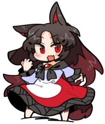 Rule 34 | 1girl, animal ears, barefoot, blush, brooch, brown hair, dress, fang, full body, imaizumi kagerou, ini (inunabe00), jewelry, long hair, long sleeves, open mouth, red dress, red eyes, simple background, skin fang, smile, solo, tail, touhou, two-tone dress, white background, white dress, wolf ears, wolf tail