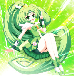 Rule 34 | 10s, 1girl, :d, bad id, bad pixiv id, big hair, bike shorts, bike shorts under skirt, circlet, cure march, dress, eyelashes, full body, green background, green dress, green eyes, green hair, green shorts, green skirt, green theme, happy, isumi (i-spixi), long hair, matching hair/eyes, midorikawa nao, open mouth, ponytail, precure, shoes, shorts, shorts under skirt, skirt, smile, smile precure!, solo, tri tails, v, very long hair