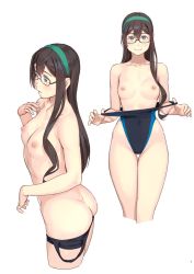 Rule 34 | 1girl, ass, black hair, blue eyes, blush, breasts, clothes pull, commentary request, cropped legs, duplicate, green hairband, hair between eyes, hairband, highres, kantai collection, long hair, looking at viewer, multiple views, nipples, one-piece swimsuit, one-piece swimsuit pull, ooyodo (kancolle), parted lips, simple background, small breasts, smile, swimsuit, white background, yuuji (and)
