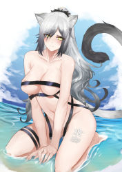 Rule 34 | 1girl, absurdres, animal ears, areola slip, arknights, between legs, black ribbon, blu (1712), blue sky, blush, breasts, cat ears, cat girl, cat tail, cloud, cloudy sky, collarbone, full body, grey hair, hand between legs, highres, large breasts, long hair, looking at viewer, naked ribbon, navel, outdoors, ponytail, ribbon, schwarz (arknights), seiza, sitting, sky, solo, tail, thighs, very long hair, water, wavy hair, yellow eyes