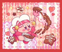 Rule 34 | :d, argyle, argyle background, argyle clothes, arm up, blue eyes, blush, blush stickers, border, bow, bowl, candy, chef hat, chocolate, commentary request, food, harukui, hat, hat bow, heart, heart in eye, holding, holding bowl, holding spatula, kirby, kirby (series), mixing bowl, neckerchief, nintendo, no humans, open mouth, pink background, pink bow, pink neckerchief, red background, simple background, smile, solo, sparkle, spatula, star (symbol), symbol in eye, valentine, white hat