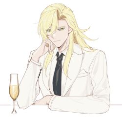 Rule 34 | 1boy, alcohol, black necktie, blonde hair, champagne, champagne flute, closed mouth, collared shirt, commentary request, cup, drinking glass, formal, green eyes, hair between eyes, highres, honkai: star rail, honkai (series), jacket, long hair, long sleeves, looking at viewer, luocha (honkai: star rail), male focus, manboygxg, necktie, parted bangs, shirt, simple background, smile, solo, suit, upper body, white background, white jacket, white shirt