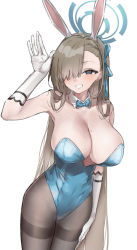 Rule 34 | 1girl, animal ears, arm at side, asuna (blue archive), asuna (bunny) (blue archive), bad id, bad pixiv id, bare shoulders, black pantyhose, blue archive, blue bow, blue bowtie, blue eyes, blue ribbon, bow, bowtie, breasts, brown hair, cleavage, detached collar, epi zero, fake animal ears, gloves, hair over one eye, hair ribbon, halo, hand up, highres, large breasts, leotard, long hair, mole, mole on breast, pantyhose, playboy bunny, rabbit ears, ribbon, simple background, solo, traditional bowtie, white background, white gloves
