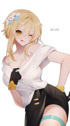Rule 34 | 1girl, ;q, black gloves, black skirt, blonde hair, breasts, cleavage, clothes pull, commentary, company connection, contrapposto, cosplay, costume switch, genshin impact, gloves, hair between eyes, highres, honkai: star rail, honkai (series), jk 4140, large breasts, looking at viewer, lumine (genshin impact), off-shoulder shirt, off shoulder, one eye closed, pulled by self, shirt, shirt pull, short hair with long locks, simple background, skirt, solo, stelle (honkai: star rail), stelle (honkai: star rail) (cosplay), symbol-only commentary, thigh strap, tongue, tongue out, trailblazer (honkai: star rail), twitter username, v-shaped eyebrows, white background, white shirt, yellow eyes