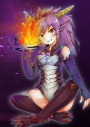 Rule 34 | 1girl, armor, bare shoulders, bodysuit, claws, dragon girl, dragon horns, elbow gloves, fingerless gloves, fingernails, fins, fire, gloves, grin, head fins, heterochromia, highres, horns, indian style, long hair, nail polish, outline, purple background, purple eyes, purple gloves, purple hair, purple nails, purple thighhighs, puzzle &amp; dragons, samoore, sharp toenails, sitting, smile, solo, sonia (p&amp;d), thighhighs, toenails, yellow eyes