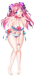 Rule 34 | 1girl, ;d, aile (crossroads), bare legs, bare shoulders, barefoot, bikini, blue bikini, blue eyes, bracelet, breasts, cleavage, flower, hair flower, hair ornament, hand on own knee, jewelry, kaku-san-sei million arthur, long hair, looking at viewer, million arthur (series), navel, necklace, official art, one eye closed, open mouth, outstretched hand, pink hair, smile, solo, standing, swimsuit, thigh gap, twintails, white background