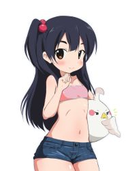 Rule 34 | 10s, 1girl, bad id, bad pixiv id, bandeau, bare shoulders, belly, bird, black hair, blush, brown eyes, child, collarbone, dera mochimazzui, flat chest, hair bobbles, hair ornament, hand up, holding, kitashirakawa anko, long hair, looking at viewer, midriff, mizushima (p201112), navel, one side up, short shorts, shorts, side ponytail, simple background, smile, solo, strapless, tamako market, tube top, wide hips