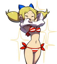 Rule 34 | 1girl, bikini, blonde hair, bow, breasts, cleavage, closed eyes, clothes lift, long hair, makoto yabe, narrow waist, navel, official art, open mouth, red bikini, shantae (series), shantae and the pirate&#039;s curse, shirt lift, solo, sparkle, sparkle background, striped bikini, striped clothes, swimsuit, transparent background, twintails, twitch (shantae), undressing