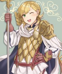 Rule 34 | 1girl, armor, blonde hair, braid, brown gloves, cape, crown braid, fire emblem, fire emblem heroes, gloves, green eyes, haru (nakajou-28), holding, holding weapon, long hair, long sleeves, nintendo, one eye closed, open mouth, polearm, scale armor, sharena (fire emblem), skirt, solo, weapon, white skirt
