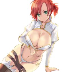 Rule 34 | 1girl, absurdres, arm support, armadillo-tokage, bad id, bad twitter id, black thighhighs, boudica (fate), breasts, cleavage, fate/grand order, fate (series), gluteal fold, green eyes, highres, huge breasts, juliet sleeves, large breasts, light, long sleeves, looking at viewer, midriff, navel, o-ring, o-ring bottom, o-ring top, puffy sleeves, red hair, short sidetail, shrug (clothing), simple background, sitting, solo, thigh strap, thighhighs, thighs, top pull, white background, yokozuwari