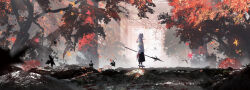 Rule 34 | 1girl, 2others, absurdres, asteroid ill, autumn, autumn leaves, black skirt, blurry, blurry foreground, character request, floating hair, forest, fox mask, highres, holding, holding polearm, holding weapon, jacket, long hair, long sleeves, looking at viewer, mask, motion blur, multiple others, multiple torii, nature, original, outdoors, polearm, rock, sandals, scenery, shadow, skirt, socks, solo focus, standing, sunlight, torii, tree, weapon, white jacket, white socks, wide sleeves