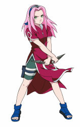 Rule 34 | 1girl, absurdres, alternate breast size, artist request, bandages, bike shorts, blue footwear, dress, dual wielding, flat chest, forehead protector, full body, green eyes, haruno sakura, headband, headdress, highres, holding, holding weapon, holster, konohagakure symbol, kunai, long hair, looking at viewer, naruto, naruto (series), pink hair, red dress, shoes, short sleeves, shorts, side slit, simple background, skin tight, solo, spandex, standing, thigh holster, thigh strap, third-party edit, toeless footwear, toes, weapon, white background, zipper