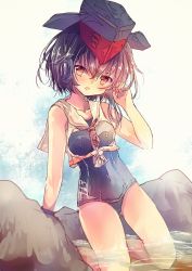 Rule 34 | 1girl, asymmetrical hair, beach, black hair, black one-piece swimsuit, blue one-piece swimsuit, blush, breast cutout, breasts, brown eyes, brown neckwear, day, framed breasts, gloves, hair between eyes, hat, headphones, i-13 (kancolle), kantai collection, kneeling, one-piece swimsuit, partially fingerless gloves, rock, sailor collar, school swimsuit, shirt, short hair, single glove, sitting, small breasts, solo, swimsuit, swimsuit under clothes, wariza, water, white sailor collar
