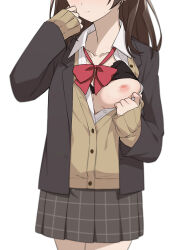 Rule 34 | 1girl, black bra, black jacket, bow, bowtie, bra, bra lift, breasts, brown cardigan, brown hair, buttons, cardigan, check commentary, closed mouth, collarbone, commentary request, head out of frame, hige wo soru. soshite joshikousei wo hirou., highres, jacket, medium breasts, morisobo, nipples, ogiwara sayu, one breast out, open clothes, open jacket, plaid, plaid skirt, red bow, red bowtie, revision, school uniform, shirt, simple background, skirt, solo, sweat, underwear, white background, white shirt