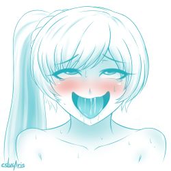 Rule 34 | 1girl, ahegao, blush, cslucaris, drooling, female focus, monochrome, naughty face, nude, rolling eyes, rwby, sexually suggestive, simple background, solo, spot color, sweat, tongue, tongue out, weiss schnee, white background