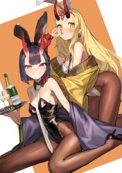 Rule 34 | 2girls, alcohol, animal ears, bare shoulders, black footwear, black leotard, blonde hair, blush, bob cut, breasts, brown pantyhose, champagne, champagne bottle, chorogon, cup, detached collar, drinking, drinking glass, earrings, eyeliner, facial mark, fake animal ears, fate/grand order, fate (series), forehead, forehead mark, grin, hair pulled back, high heels, highleg, highleg leotard, highres, horns, ibaraki douji (fate), japanese clothes, jewelry, kimono, leotard, long hair, long sleeves, looking at viewer, makeup, multiple girls, necktie, off shoulder, oni, pantyhose, playboy bunny, purple eyes, purple hair, purple kimono, rabbit ears, short hair, shuten douji (fate), sitting, skin-covered horns, small breasts, smile, tattoo, tray, wariza, white leotard, wide sleeves, yellow eyes, yellow kimono