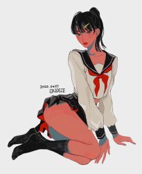 Rule 34 | 1girl, ankle socks, artist name, black hair, black sailor collar, black skirt, black socks, blunt bangs, blunt ends, chinese commentary, closed mouth, collarbone, collared shirt, commentary request, dated, expressionless, full body, grey background, grey eyes, hair ornament, hairclip, high ponytail, kneeling, light blush, long hair, long sleeves, looking at viewer, midriff, miniskirt, mole, mole under mouth, neckerchief, no shoes, original, oxi206, pleated skirt, red lips, red neckerchief, red skirt, sailor collar, sailor shirt, school uniform, shirt, simple background, sitting, skirt, socks, solo, two-sided fabric, two-sided skirt, white shirt, yokozuwari