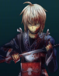 Rule 34 | 1boy, ahoge, bad id, bad pixiv id, belt, blood, blood in hair, blood on clothes, blood on face, bloody weapon, choker, glasses, green background, katana, long sleeves, male focus, morichika rinnosuke, pi kuro, pouch, reverse grip, sheath, short hair, silver hair, simple background, solo, sword, touhou, unsheathing, weapon, wiping, yellow eyes