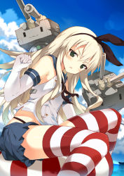 Rule 34 | 10s, 1girl, blonde hair, elbow gloves, gloves, hairband, kantai collection, long hair, okino ryuuto, personification, rensouhou-chan, shimakaze (kancolle), skirt, solo, striped clothes, striped thighhighs, thighhighs, white gloves