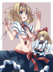 Rule 34 | 2girls, :o, alice margatroid, alternate costume, blonde hair, blue skirt, blush, border, bow, bowtie, breasts, capelet, commentary request, cowboy shot, enmaided, frilled hairband, frilled skirt, frills, green eyes, hair bow, hairband, highres, long sleeves, looking back, maid, mini person, minigirl, multiple girls, neck ribbon, open mouth, pegashi, puppet strings, purple background, red bow, red hairband, red ribbon, ribbon, shanghai doll, short hair, simple background, skirt, teeth, thighhighs, touhou, underboob, upper teeth only, white border, white capelet, white legwear, wide sleeves