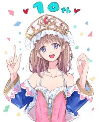 Rule 34 | 1girl, atelier (series), atelier totori, bare shoulders, blue sleeves, brown hair, collarbone, detached sleeves, dress, hair ornament, hat, headdress, highres, long hair, looking at viewer, maromi (am97), open mouth, purple eyes, smile, solo, totooria helmold, white background