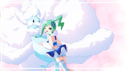 Rule 34 | 1girl, ;d, altaria, aoi thomas, bare shoulders, blue skirt, blush, commentary request, creatures (company), from behind, fur collar, game freak, gen 3 pokemon, green eyes, green hair, highres, lisia (pokemon), looking at viewer, looking back, mega altaria, mega pokemon, nintendo, one eye closed, open mouth, pleated skirt, pokemon, pokemon (creature), pokemon oras, ponytail, short shorts, shorts, sidelocks, single thighhigh, skirt, smile, striped clothes, striped thighhighs, thighhighs, white shorts