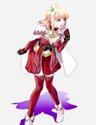 Rule 34 | 1girl, blonde hair, cape, fina (ffbe), final fantasy, final fantasy brave exvius, flower, full body, grey background, hair flower, hair ornament, index finger raised, jewelry, leaning forward, looking to the side, medium hair, navel, necklace, open mouth, red thighhighs, shadow, solo, tarutaru yamaoka, thighhighs, white cape, white footwear