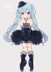 Rule 34 | 1girl, bad id, bad tumblr id, bare shoulders, between legs, black dress, black hat, blue hair, blush, boots, closed mouth, doll, doll joints, dress, elbow gloves, gloves, granblue fantasy, grey background, hand between legs, hat, ikeuchi tanuma, jewelry, joints, legs together, long hair, necklace, orchis, pigeon-toed, pink eyes, purple footwear, purple gloves, shadowverse, shingeki no bahamut, simple background, sitting, solo, twintails, twitter username