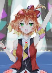 Rule 34 | 1girl, arm strap, armpits, blush, bow, bracelet, breasts, clenched hand, freyja wion, green eyes, hair between eyes, hair bow, hair ornament, heart, heart hair ornament, highres, idol, idol clothes, jewelry, macross, macross delta, orange hair, red bow, short hair, side ponytail, small breasts, solo, yoru usagi