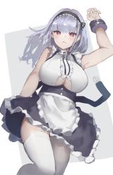 Rule 34 | 1girl, absurdres, anchor choker, apron, arm up, azur lane, black skirt, blush, breasts, cleavage, clothing cutout, commentary, cowboy shot, cuffs, dido (azur lane), earrings, eyelashes, frilled skirt, frills, grey background, hairband, handcuffs, high-waist skirt, highres, jewelry, large breasts, long hair, looking at viewer, maid, maid apron, open mouth, red eyes, shirt, silver hair, simple background, single earring, skirt, sleeveless, solo, thighhighs, thighs, underboob, underboob cutout, white background, white shirt, white thighhighs, yakihoko, zettai ryouiki