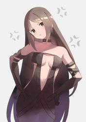 Rule 34 | 1girl, anger vein, bare shoulders, black dress, black gloves, blush, breasts, brown eyes, brown hair, center opening, choker, cleavage, collarbone, dress, elbow gloves, fate/grand order, fate (series), gloves, highres, long hair, looking at viewer, medium breasts, revealing clothes, ribbon-trimmed dress, simple background, very long hair, yu mei-ren (fate), zenshin