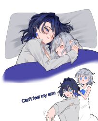 Rule 34 | absurdres, blue eyes, boros (ouro kronii), dress, english text, highres, holding, holding brush, hololive, hololive english, koizumi arata, medium hair, messy hair, one eye closed, open clothes, ouro kronii, personification, pillow, pointy ears, sleeping, snake tail, tail, virtual youtuber, white dress