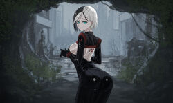 1girl absurdres aqua_eyes ass black_bodysuit black_hair bodysuit chinese_commentary closed_mouth commentary_request from_behind highres latex latex_bodysuit looking_at_viewer looking_back miles2213x multicolored_hair original rain ruins short_hair solo two-tone_hair wet white_hair