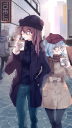 Rule 34 | 2girls, absurdres, alternate costume, animal ears, arknights, beanie, bear ears, black-framed eyewear, black headwear, black jacket, black legwear, black shirt, blue eyes, blue hair, blue pants, breath, brown hair, brown scarf, cabbie hat, casual, chinese commentary, commentary request, contemporary, cup, denim, drinking straw, ears through headwear, feet out of frame, fur-trimmed sleeves, fur trim, glasses, gloves, grey gloves, grey jacket, hair between eyes, hand in pocket, hand up, hat, highres, holding, holding cup, istina (arknights), jacket, jeans, long hair, long sleeves, multicolored hair, multiple girls, open clothes, open jacket, pants, pantyhose, red hair, round eyewear, scarf, shirt, standing, streaked hair, ya kexi, zima (arknights)
