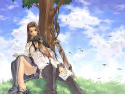 Rule 34 | 1boy, 1girl, against tree, albatini de medich, ascot, black hair, book, brown hair, buttons, cloud, couple, cross, day, earrings, empress christina, closed eyes, fantasy, grass, green eyes, hetero, jewelry, kim hyung tae, leaf, legs, lipstick, makeup, nature, necklace, official art, official wallpaper, on ground, outdoors, sandals, side slit, sitting, skirt, sky, sleeping, sleepy, smile, strap, sword, tree, under tree, wallpaper, the war of genesis, the war of genesis iii, weapon, wind