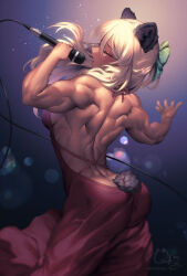 Rule 34 | 1girl, animal ears, ass, back, backless dress, backless outfit, blonde hair, bow, breasts, closed eyes, dress, hair bow, lens flare, medium breasts, microphone, muscular, muscular female, music, red dress, sideboob, signature, singing, solo, tail, yana (nekoarashi)