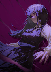 Rule 34 | 1223105337, 1girl, absurdres, ascot, chainsaw man, closed mouth, collared shirt, cross scar, dress, facial scar, highres, long hair, long sleeves, looking at viewer, pinafore dress, purple ascot, purple background, purple dress, purple eyes, purple theme, ringed eyes, scar, scar on cheek, scar on face, school uniform, shirt, sleeveless, sleeveless dress, solo, white shirt, yoru (chainsaw man)