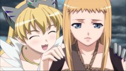 Rule 34 | 2girls, animated, animated gif, blonde hair, closed eyes, earrings, elina (queen&#039;s blade), jewelry, leina (queen&#039;s blade), long hair, multiple girls, necklace, open mouth, queen&#039;s blade, sad, screencap, siblings, sisters, smile, standing