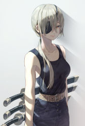 1girl, bangs, bare arms, bare shoulders, belt, black tank top, brown eyes, chainsaw man, commentary request, eyepatch, grey background, highres, katana, long hair, looking at viewer, low ponytail, ponytail, quanxi (chainsaw man), scabbard, sheath, sheathed, silver hair, simple background, solo, sword, syuri22, tank top, upper body, weapon