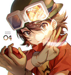 Rule 34 | 1boy, backwards hat, barcode, brown eyes, brown hair, chromatic aberration, copyright name, digimon, digimon frontier, ekita kuro, glint, gloves, goggles, goggles on headwear, green hat, grey gloves, hair between eyes, hand up, hat, jacket, kaisergreymon, kanbara takuya, light particles, looking at viewer, male focus, print shirt, red jacket, reflection, shirt, short sleeves, simple background, smile, solo, upper body, white background, yellow shirt