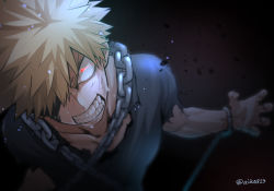 Rule 34 | 1boy, angry, artist name, bad id, bad pixiv id, bakugou katsuki, black background, blonde hair, boku no hero academia, chain, chained, collarbone, commentary request, glowing, glowing eye, grey shirt, highres, looking at viewer, male focus, red eyes, sharp teeth, shirt, short hair, short sleeves, solo, spiked hair, teeth, tonomayo, twitter username, upper body
