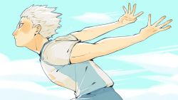 Rule 34 | 1boy, beaniewinnie96, haikyuu!!, highres, hoshiumi kourai, looking to the side, male focus, outdoors, outstretched arms, profile, running, short hair, signature, sky, solo, spiked hair, sportswear, volleyball uniform, white hair, yellow eyes