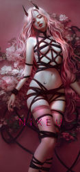 Rule 34 | 1girl, artist logo, black nails, breasts, demon horns, eyelashes, fantasy, fingernails, flower, forehead, head tilt, highres, horns, legs, lips, long fingernails, long hair, medium breasts, mole, mole on arm, mole on body, mole on breast, mole on stomach, mole on thigh, mole under mouth, moon tattoo, multiple moles, nail polish, navel, nixeu, nose, original, parted lips, pink background, pink flower, pink hair, pink theme, pink thighhighs, purple eyes, rope, scenery, shibari, solo, stomach, stomach tattoo, tattoo, teeth, thick eyebrows, thighhighs, thighs, very long hair