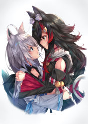 Rule 34 | 2girls, ahoge, animal ear fluff, animal ears, black hair, blue eyes, blush, dated commentary, eye contact, fox ears, fox girl, fox tail, hand on another&#039;s shoulder, hololive, looking at another, matutoki nara05, multicolored hair, multiple girls, ookami mio, ookami mio (1st costume), red hair, shirakami fubuki, shirakami fubuki (1st costume), streaked hair, tail, virtual youtuber, white hair, wolf ears, yuri